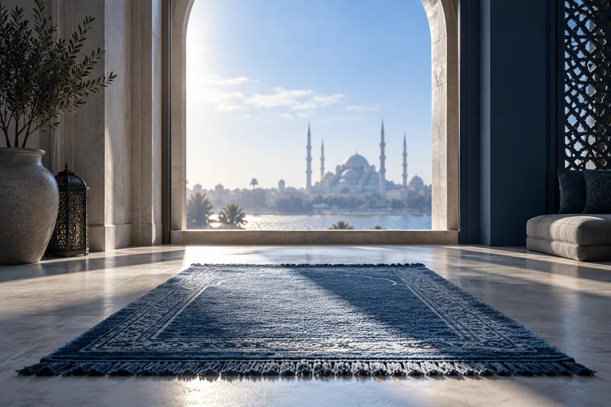Kemerli pencerenin önünde yumuşak ışık alan mavi bir seccade.